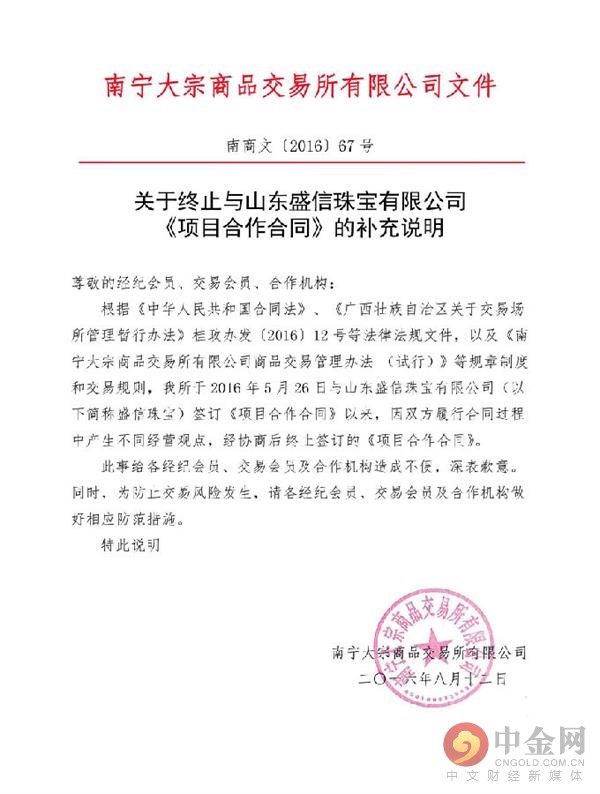 南宁大宗商品交易所终止与山东盛信珠宝公司合