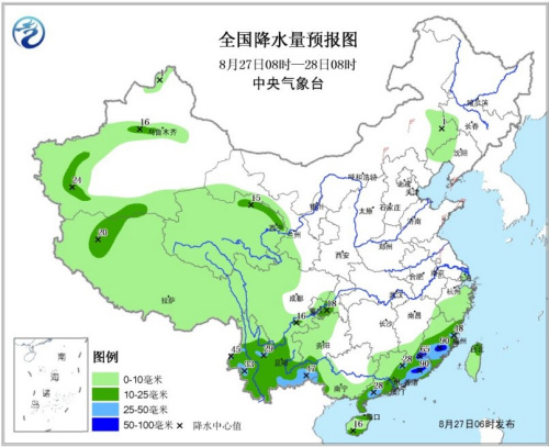 天下降水量预告图(8月27日08时—28日08时)。地方气候台网站。