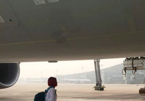 图为该女性旅客,拉着行李强行拦在托车前面,威胁机务和机组让她登机,当时登机桥已经撤出,死缠烂打就是不走。