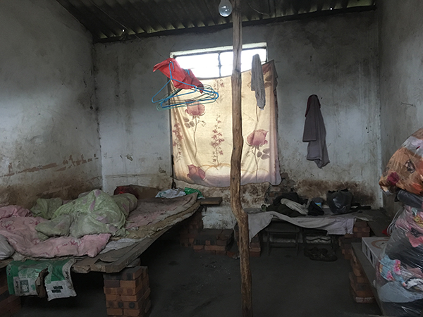 宣威市羊场镇大松树村涉事的盛恒砖厂的平房内,此中这一间窗户由木板遮挡,抽掉木板后看到云云现象,被褥像多年未洗,充满污垢。