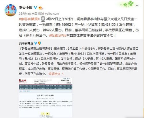 中新网9月22日电据河南省公安厅官方微博消息,9月22日上午8时许,河南睢县泰山路与振兴大道交叉口发生一起交通事故,一辆校车(豫N48962)与一辆小型货车(豫N3J133)发生碰撞,造成13人受伤,其中2人重伤。目前,肇事司机已被控制,事故原因正在调查,伤员正在全力救治中。有自媒体传言多名伤者遇害不实!