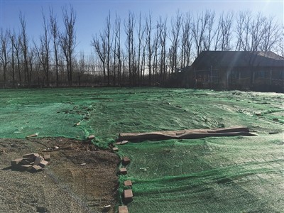 昨天,北京百旺农业栽培园,停放在此的房车移走后,地盘被铺上了绿色尼龙网。新京报记者 曾金秋 摄