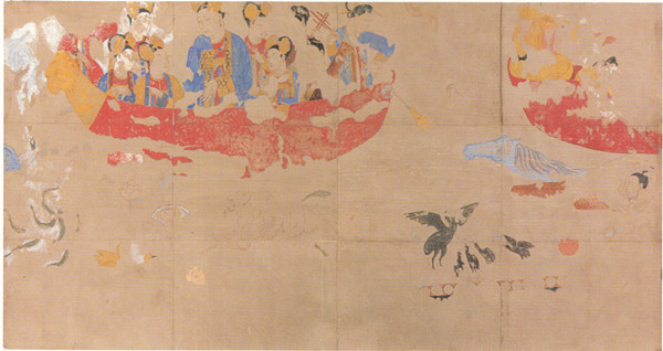 撒马尔罕大使厅壁画北墙,武则天乘龙舟