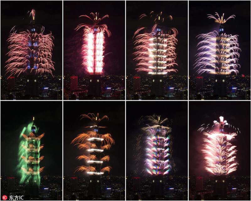 2017年1月1日,中国台湾,台北101大楼燃放烟花照亮夜空,打造最长秒数跨年烟火表演,喜迎2017新年到来。(组合图)