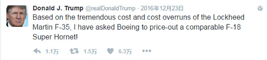 （由于洛克希德·马丁F-35高昂的成本以及成本超支，我已经让波音拿出相媲美的F-18超级大黄蜂战机的更低报价！）