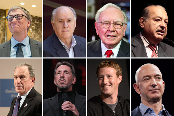 Bill Gates, Amancio Ortega Gaona, Warren E. Buffett, Carlos Slim Hel, Jeff Bezos, Mark Zuckerberg, Lawrence J. Ellison, Michael R. Bloomberg