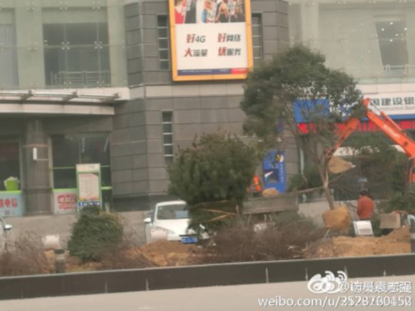 1月18日,陕西渭南市园林部门开着挖掘机走上市区主要街道。 本文图片均为@访员袁志强 图