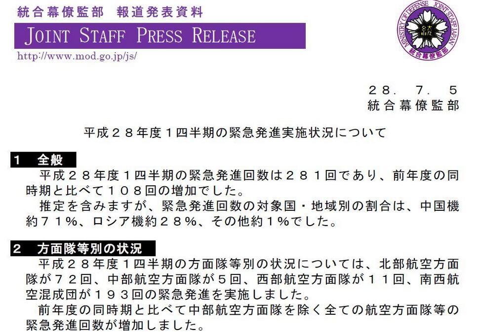 日本防卫省统合幕僚监部网站公布的报告截图