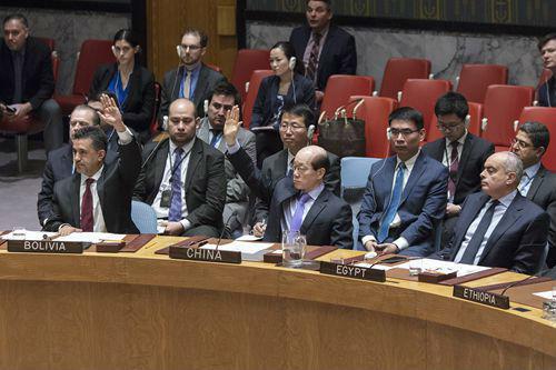 刘结一代表在举手表决中。图片源自中国常驻联合国代表团官网。