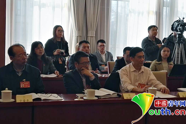 全国政协委员白岩松(左二)在会议中。中国青年网记者 杨月 摄