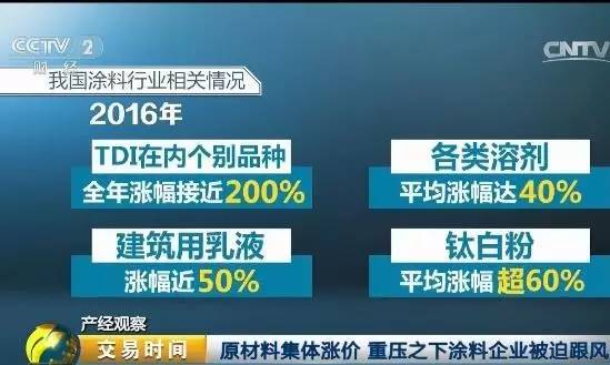 展辰新材料集团总裁 熊星：整个涂料行业全产业，去年四季度的利润都是有影响的，那么自然（涨价）因素就是，因为受欧洲一些企业阶段性的设备整修的影响，这是一个信号 或者说是一个导火线，那么设备检修它的产能就会供应不足，那么第二点就是说，肯定有一些搞金融的搞操作的（人），他就会借这个机会来炒作大宗原材料，那么它涨得我个人认为是一种异常波动。