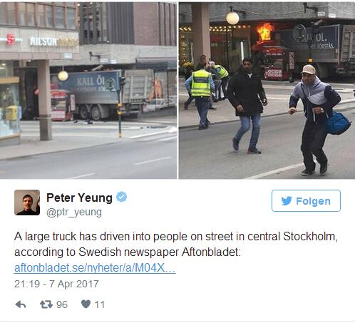 【环球网综合报道】据美联社4月7日报道，一辆卡车当天冲入瑞典首都斯德哥尔摩市中心的一家百货超市。目前已经造成5人死亡。