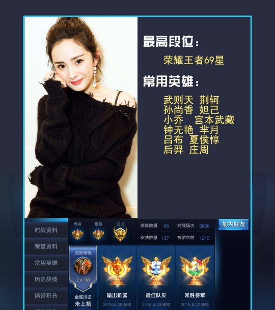 明星王者荣耀段位排名:杨幂玩5800场黄晓明第9