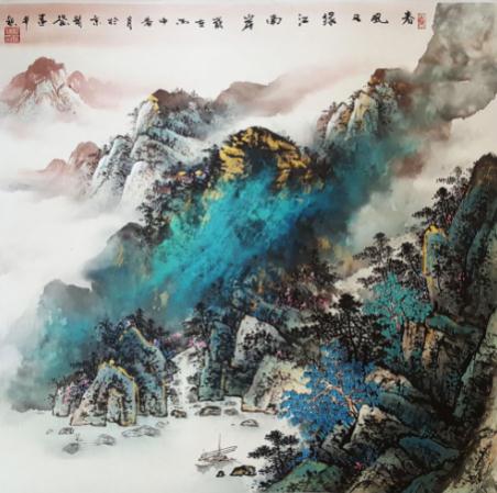 图为宋闻鉴先生金碧山水代表作《春风又绿江南岸》
