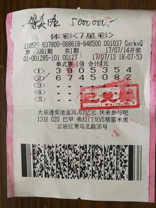 坚持守号十余载 贵阳彩民中七星彩500万元大礼