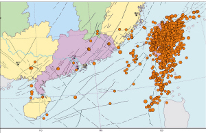 東南沿海以及臺灣島5級以上震中分佈圖顯示,本次臺灣地震發生區域強震