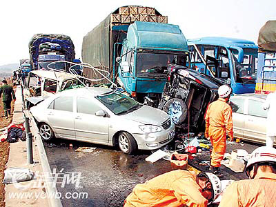 昨日,沪昆高速公路江西南昌至樟树段,因大雾共发生22起连环撞车事