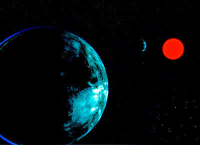新发现的行星"gliese581c"与它的"太阳"和"月亮(右上)模拟图