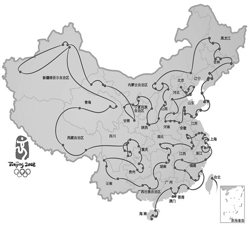 2008年北京奥运会火炬国内传递路线示意图cfp供图