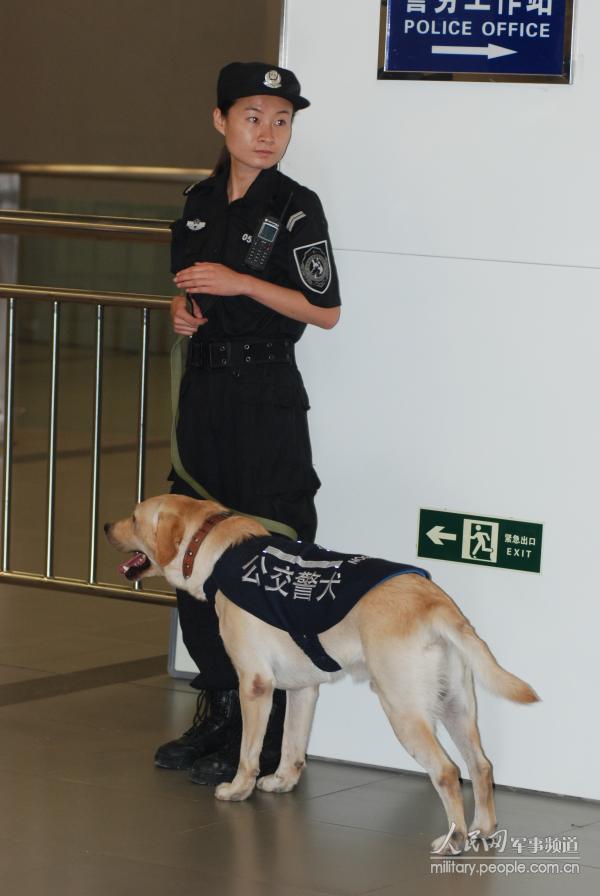 组图:北京警花携公交警犬地铁执勤(2)