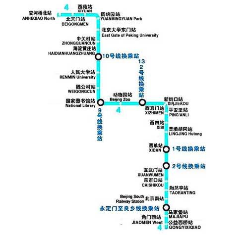 北京地鐵4號線線路圖 資料圖片