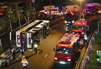 香港一双层巴士发生翻侧 致1死逾30伤(图)