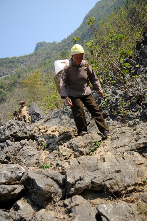 组图大石山区受旱群众步行崎岖山路艰辛取水