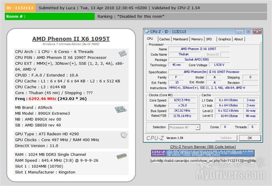 Phenom II X6 1090Tͳ6.29GHz