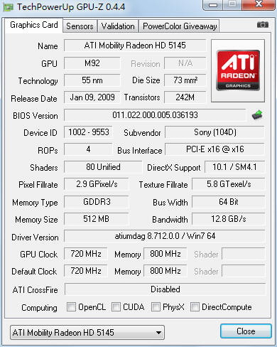 ATI Mobility Radeon HD5145ԿϢ