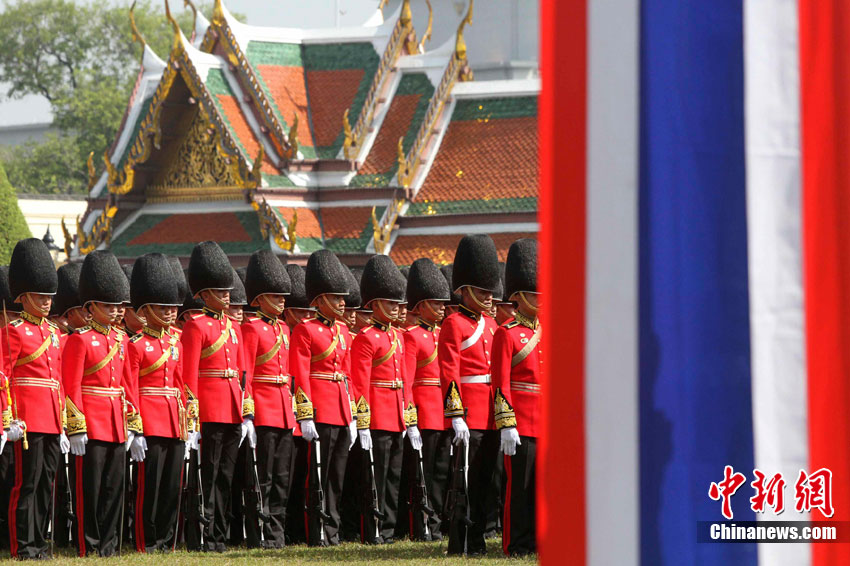 泰国皇家卫队士兵着彩装游行为国王庆生(组图)