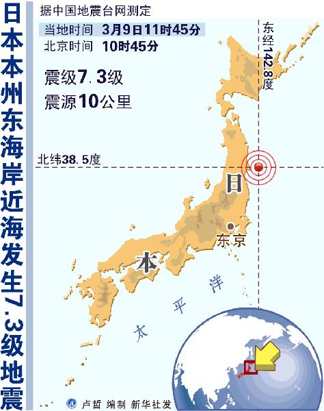 图表:日本本州东海岸近海发生73级地震 新华社发