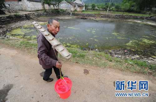 5月3日，湖北省孝昌县小河镇余家湾的余友能挑着饮用水回家，他身后的水塘已经接近干涸。新华社记者 郝同前