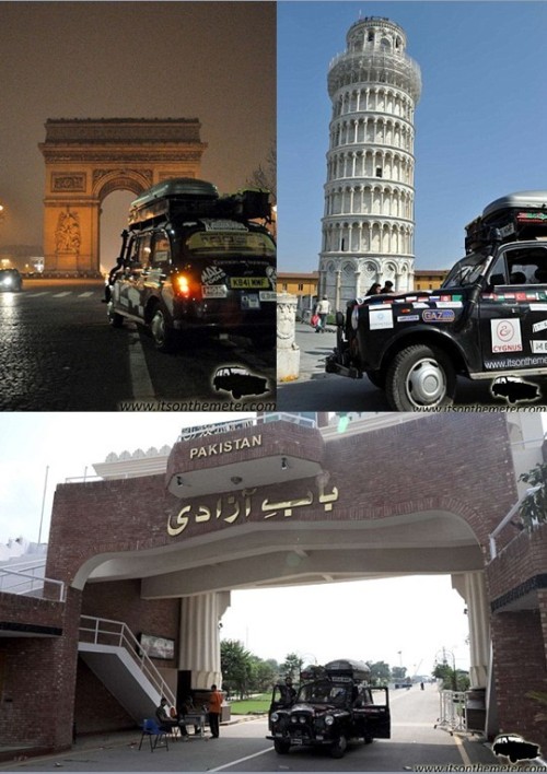 三位英国小伙驾驶伦敦出租车游 全球，到过法国左上、意大利右上和巴基斯坦下
