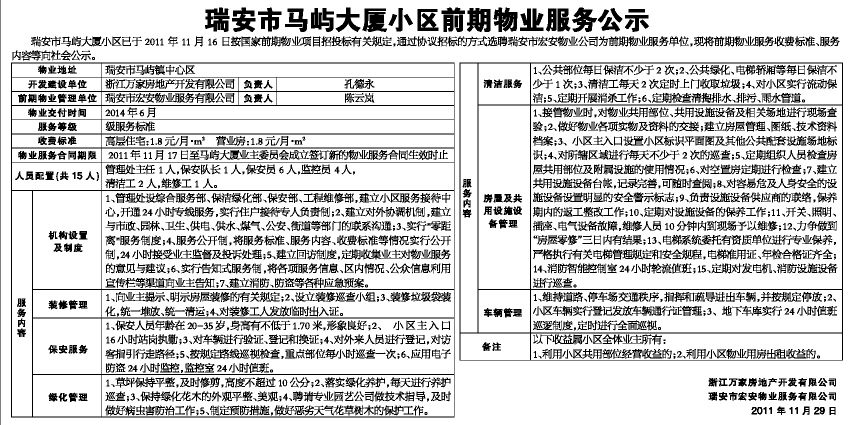 瑞安市马屿大厦小区前期物业服务公示(图)