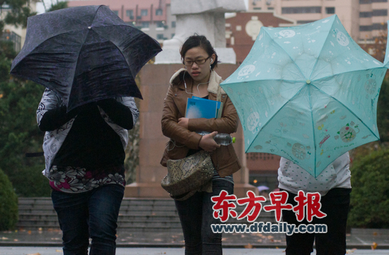 上海华东师范大学,三位女生在风雨中行走