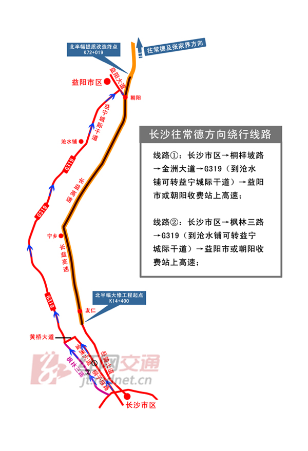 長益高速北半幅路面大修工程施工期間主要分流線路.