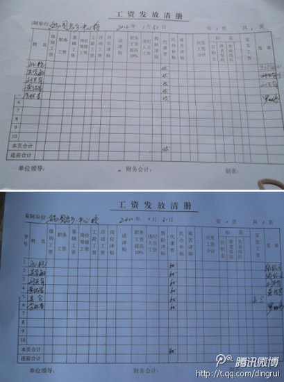 微博知名博主,贵州教育专刊主编丁锐(微博)在微博里贴出工资单,并