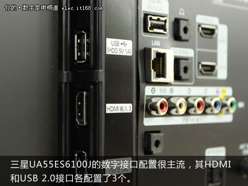 平板电视导购   三星 ua55es6100j的数字接口配置很主流,其hdmi和usb