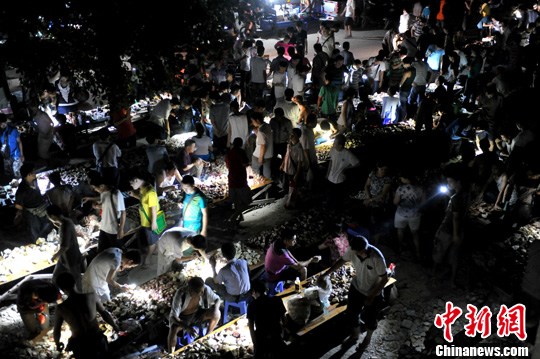 7月11日晚，福州民众聚集晋安区樟林村“夜赌”寿山石。中新社发 王东明 摄