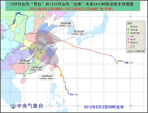 台风“苏拉”和“达维”未来24小时路径预报图来源：中国天气网