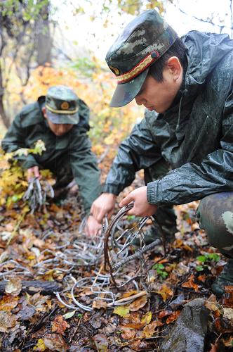 10月15日,琿春市馬滴達邊防派出所民警清點清繳的捕獵工具.