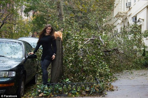 模特戈维亚在折断的大树边拍照。