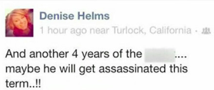 迪尼瑟・赫尔姆斯在Facebook上称奥巴马可能在第二个任期内被暗杀网页截图