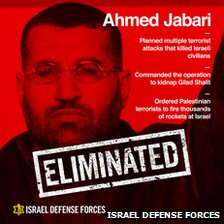 以色列国防军在社交网站推特网上发布了一张哈马斯高级军官贾巴里“被清除”的海报。