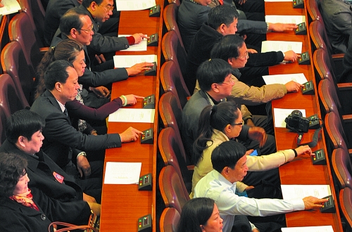省政协大会闭幕前，委员们进行表决。