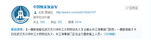 中新网4月20日电 据新华社对外部认证微博“中国独家报道”消息：记者从长江海事部门获悉，一艘旅游船20日在武汉天兴洲长江大桥附近失火，长江海事部门正在全力营救船上人员。