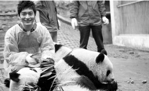 黄晓明2010年为一双熊猫子女喂食。