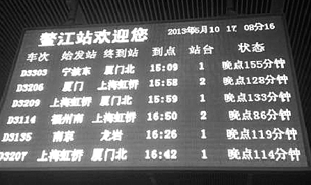 昨天下午5点，温州鳌江站的电子显示牌上，清一色的动车晚点预计信息。图片来自网友微博