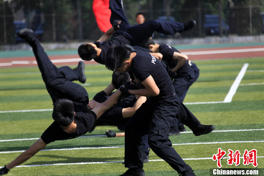 北京政法职业学院警察工作部安全防范系参赛选手表演擒拿格斗