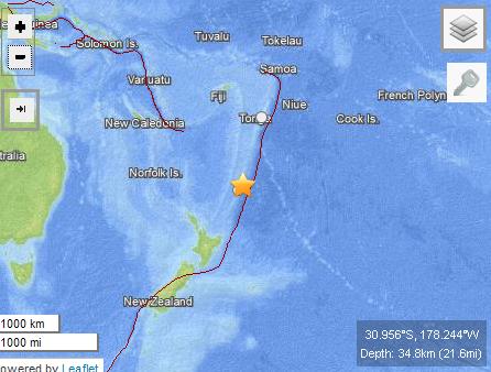新西蘭東北海域67級地震不會引發大海嘯圖